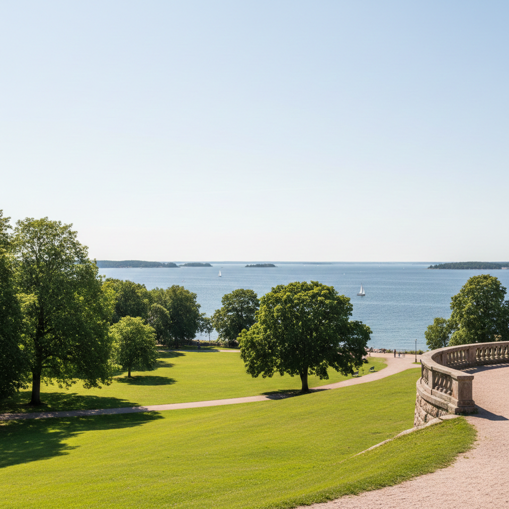 Kaivopuiston vehreä kesämaisema merinäköaloineen ja ihmiset nauttimassa auringosta